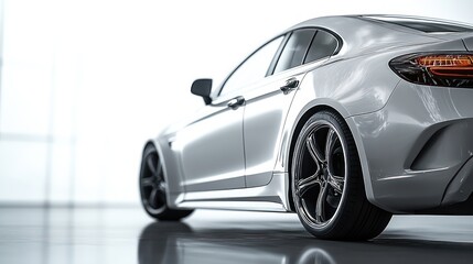 Fototapeta premium Sleek silver sports car parked indoors with reflective floor and minimalist background emphasizing modern design and luxury
