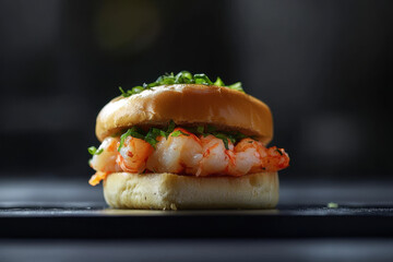 Shrimp sandwich on black plate.