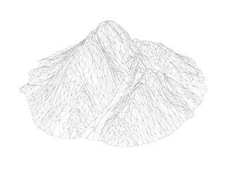A mountain is shown in a black and white drawing. The mountain is very large and has a lot of detail. The drawing is very detailed and shows the mountain in great detail. Isometric view. 3D