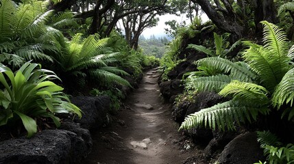 volcanic rock trails across island slope