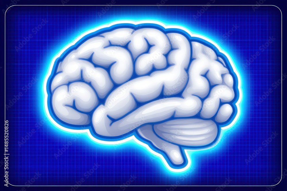 Poster vibrant blue glowing brain illustration highlighting cognitive function surrounded by a grid backgro