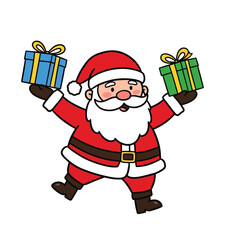 A cartoon Santa Claus in a red suit with white trim, black belt with gold buckle, brown boots, and a red hat with a white pom-pom, holding a blue and a green gift box with yellow ribbons.