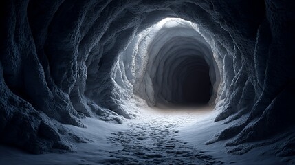 twisting tunnel in ice cave with layered frozen walls