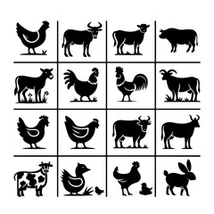 Farm animals silhouettes. Cow, pig, sheep, lamb, chicken, poultry. farm. Farm animals icons isolated on white background. Vector cattle icons.
