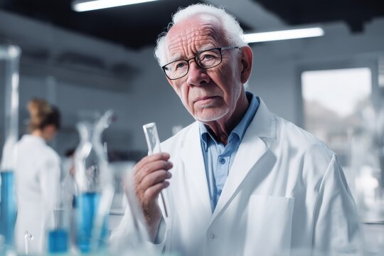 Experienced scientist examines test tube in modern laboratory during a research project