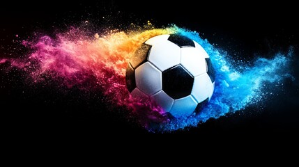 Fototapeta premium A dark background serves as the setting for a soccer ball that has colorful sprinkles flowing abundantly from its sides