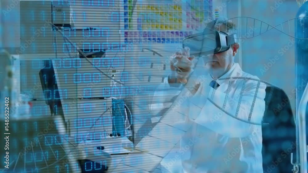 Poster senior scientist exploring virtual dna helix in research lab, with glowing binary code overlays