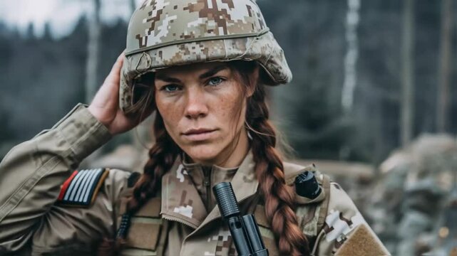 Woman soldier in a camouflage helmet with a determined gaze and dirt on her face looks directly at the camera, embodying strength, resilience, and women's presence in military service and conflict zon