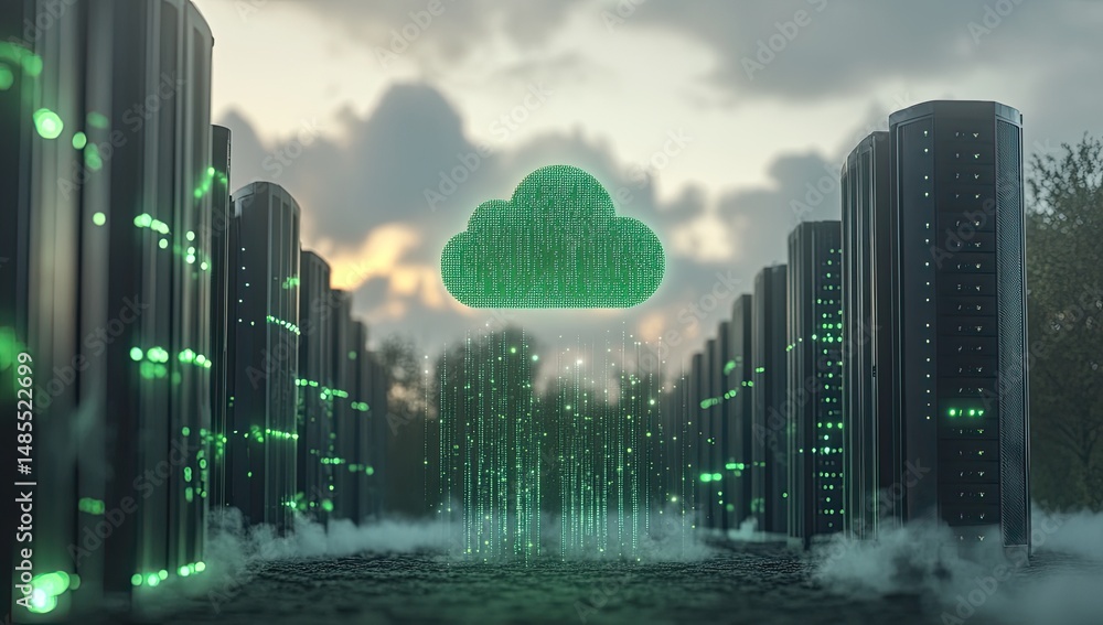 Poster cloud computing services, modern data centers, and connectivity. green glowing cloud symbol hovers a