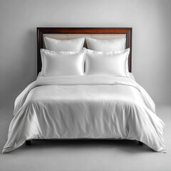 A neatly made bed with white silk bedding, four plush pillows, and a wooden headboard in a minimalistic room.