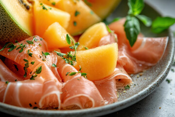 Plate of salmon with a slice of melon and melon.