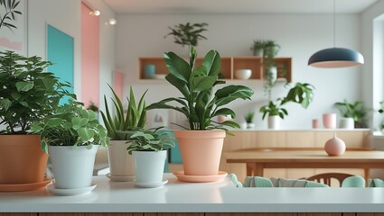 Indoor plants in pots on a bright table creating a modern and cozy home interior