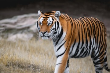 Fototapeta premium Majestic tiger walking through tall grass in a natural habitat during daylight hours