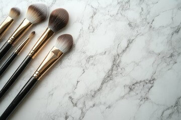 Elegant Makeup Brushes on Marble Background Professional Cosmetic Tools Flatlay