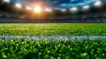 Naklejka premium Green Football Field Illuminated by Stadium Lights