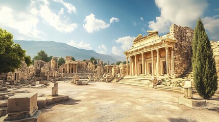 Fototapeta premium Ancient Ruins: Sunlit Temple and Majestic Stone Theatre