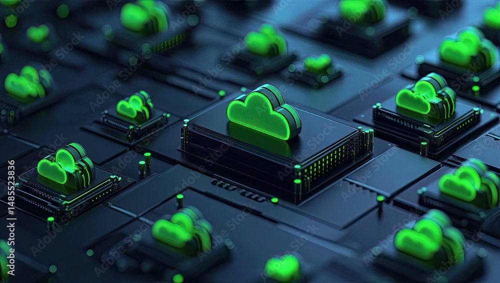 Poster abstract cloud computing graphic. dark circuit board with glowing green clouds