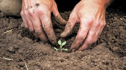 Create a close-up of hands covered in soil, gently planting a small sprout into freshly dug earth