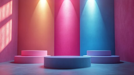 Three colorful pedestals, each with a different color, placed in a room