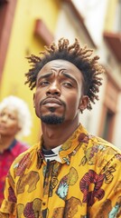 Obraz premium Young african male with stylish haircut and vibrant shirt in urban setting