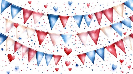 Obraz premium Red, white and blue party bunting with confetti and hearts celebrating independence day
