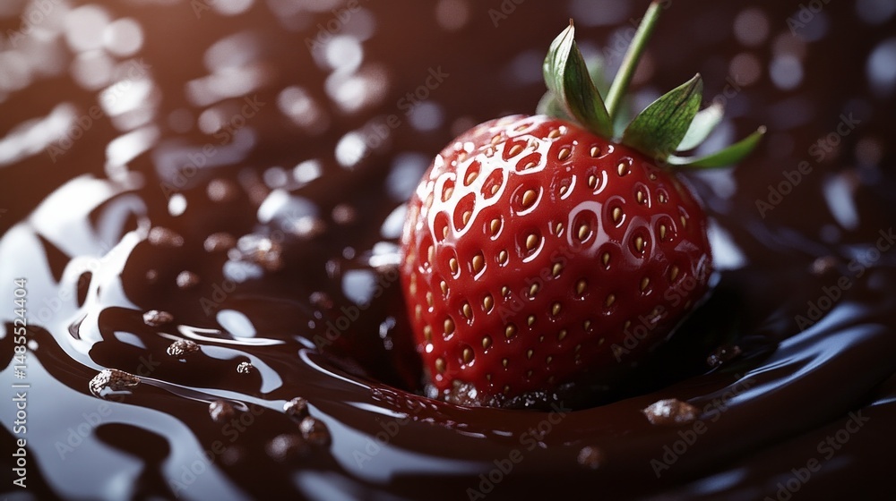 Poster a strawberry is floating in a pool of chocolate