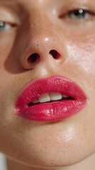 Naklejka premium Close-up of glistening lips with vibrant pink color and healthy skin glow under soft natural light