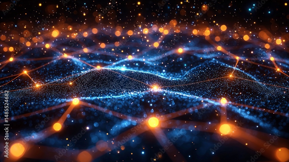 Poster a computer generated image of a blue and orange sky with many small dots
