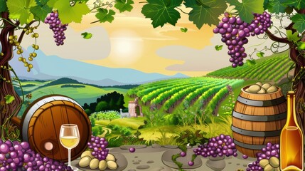 Rustic Rural Scene: Wine Bottles, Glasses, Grapes, and a Barrel
