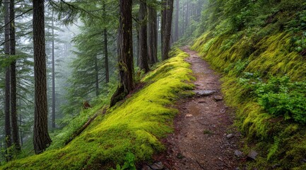 Fototapeta premium Misty forest path winding through mossy hillside