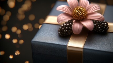 A gift box that is blue in color has a pink flower positioned on its top, with confetti scattered underneath it