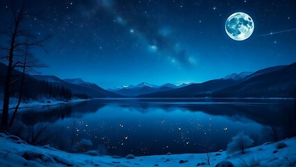 Fototapeta premium Moonlit Winter Lake Beneath Starry Mountain Sky