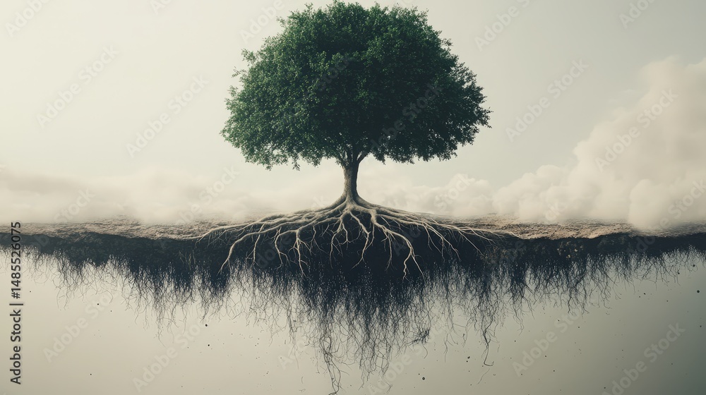 Poster create a dreamlike tree with roots that dissolve into floating particles, fully isolated