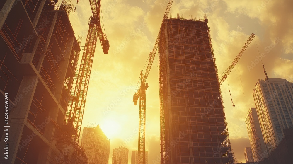 Poster create a dynamic scene of a construction site with workers building a skyscraper, cranes lifting hea