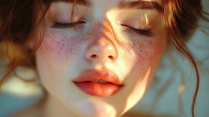 Close-up portrait of a young woman with closed eyes, natural freckles, soft sunlight casting shadows on her peaceful face, and gentle expression