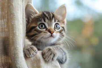 Kitten peeking out from a curtain.