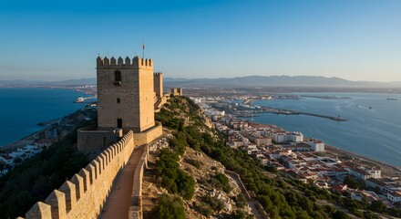 Naklejka premium Scenic Fortress on a Hill Overlooking Coastal Town and Sea