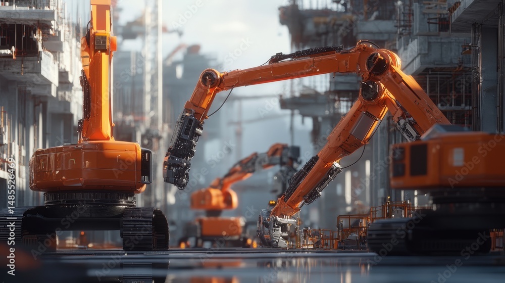 Poster create a futuristic construction site where robotic machines assist human workers in building a high
