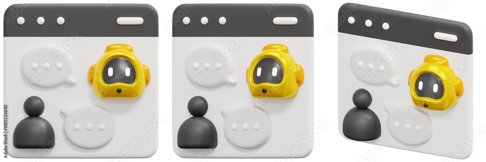 Aufkleber set of a yellow chatbot icon with speech bubbles on a white web interface 3d render icon illustratio