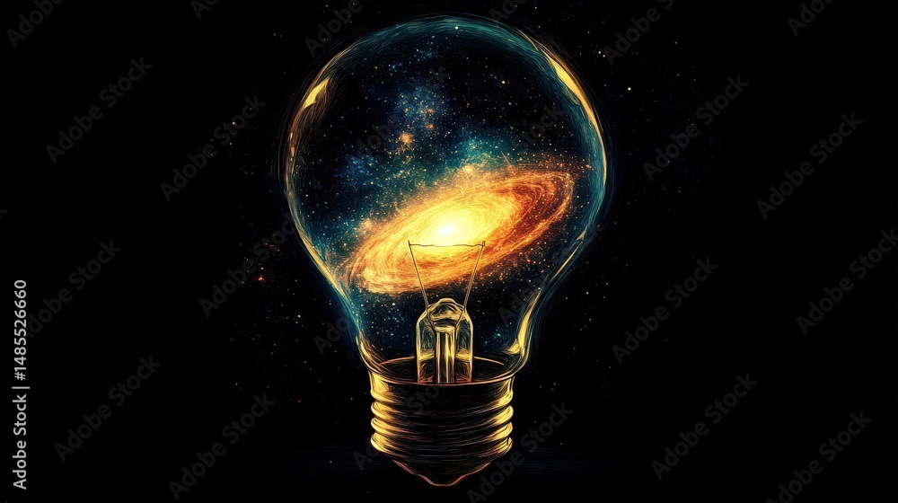 Poster create a glowing light bulb icon with a swirling galaxy inside, symbolizing infinite possibilities a