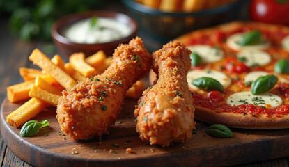 Fototapeta premium Crispy Fried Chicken, French Fries, and Pizza Combo