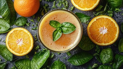 Freshly squeezed orange juice in a glass, garnished with a sprig of basil, surrounded by orange slices and leaves on a dark background