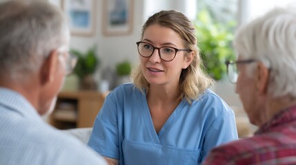 Obraz premium Caring conversation between a nurse and two elderly people.