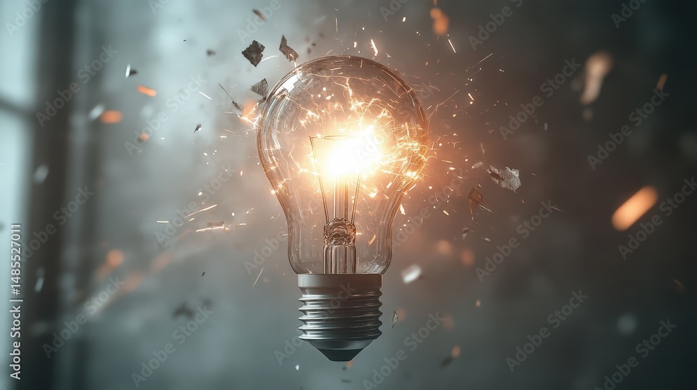 Poster create a light bulb icon with an exploding effect, where the top bursts into bright rays, symbolizin