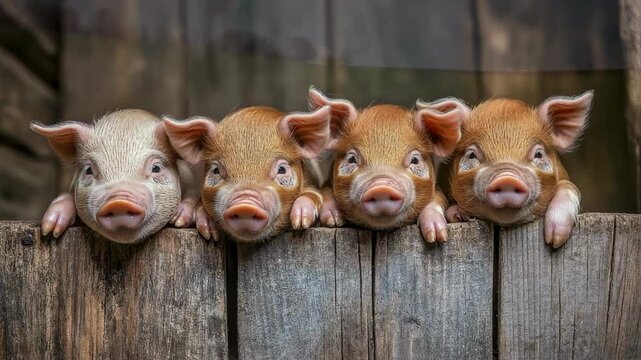Four Adorable Piglets Peeking Over a Rustic Wooden Fence