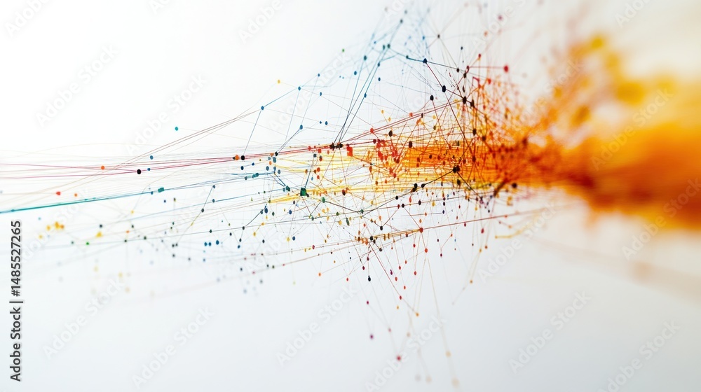 Poster complex network visualization featuring interconnected nodes and vibrant colors