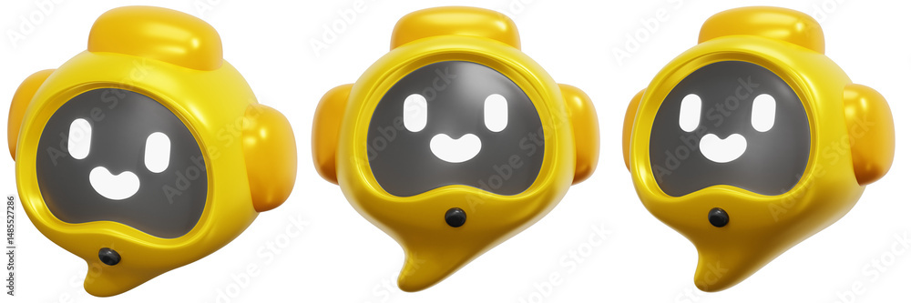 Poster set of cheerful yellow robots with transparent background 3d render icon illustration