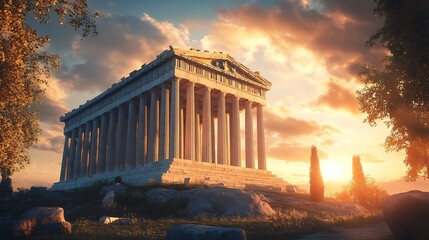 Obraz premium Ancient Greek Temple at Sunset: A Serene Classical Vista