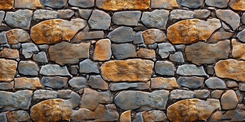 Close-up of a textured stone wall with irregularly shaped stones in various shades of gray and brown tightly fitted together