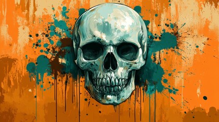 A skull is depicted with a flower and a butterfly positioned in its mouth set against an orange background